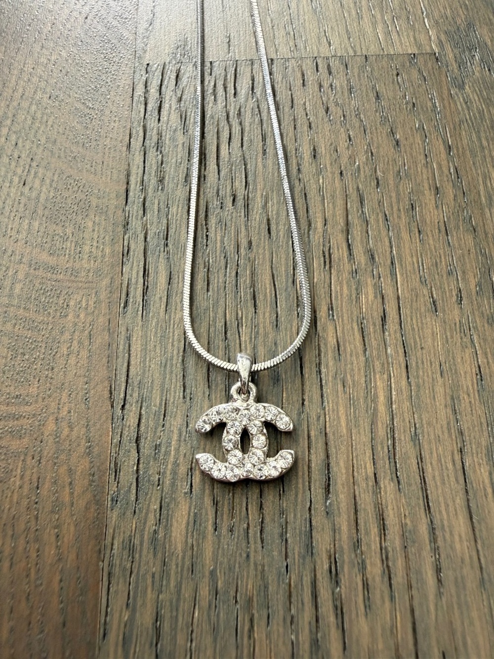 Rhinestone Double CC Pendant Necklace | Silver Tone Chain